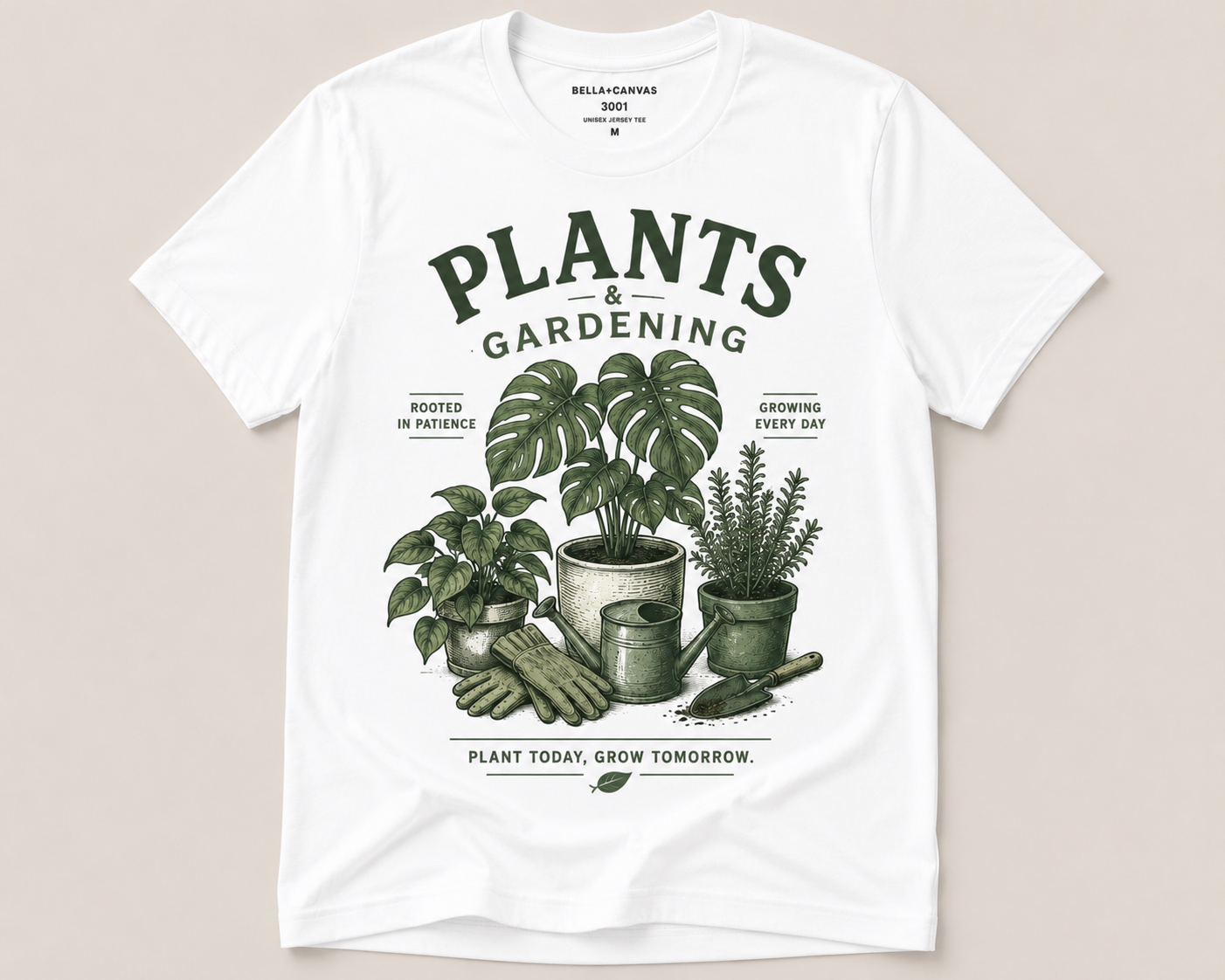 Plants & Gardening T-Shirt | Vintage Botanical Tee | Rooted In Patience | Plant Mom Gift | Sage Green Shirt