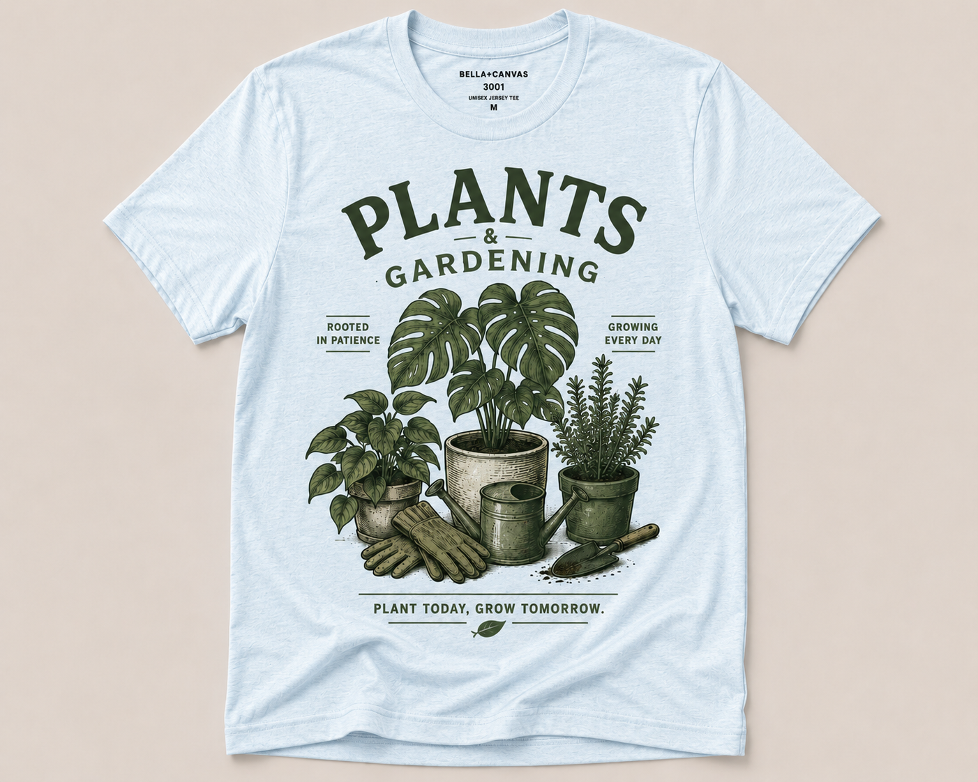 Plants & Gardening T-Shirt | Vintage Botanical Tee | Rooted In Patience | Plant Mom Gift | Sage Green Shirt