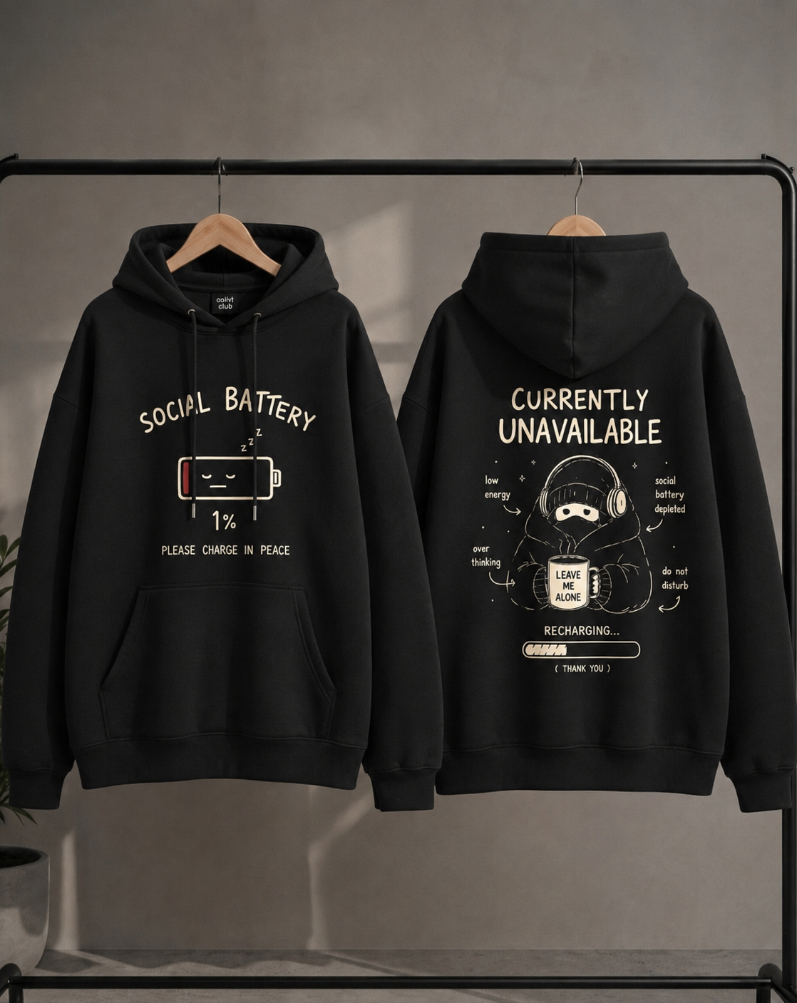Social Battery 1% Hoodie — Oversized Graphic Pullover | Introvert Gift | "Currently Unavailable" Funny Hoodie