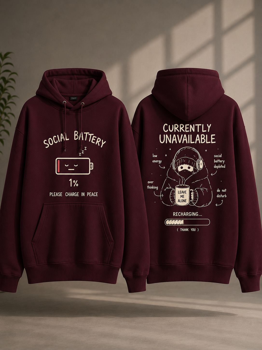 Social Battery 1% Hoodie — Oversized Graphic Pullover | Introvert Gift | "Currently Unavailable" Funny Hoodie