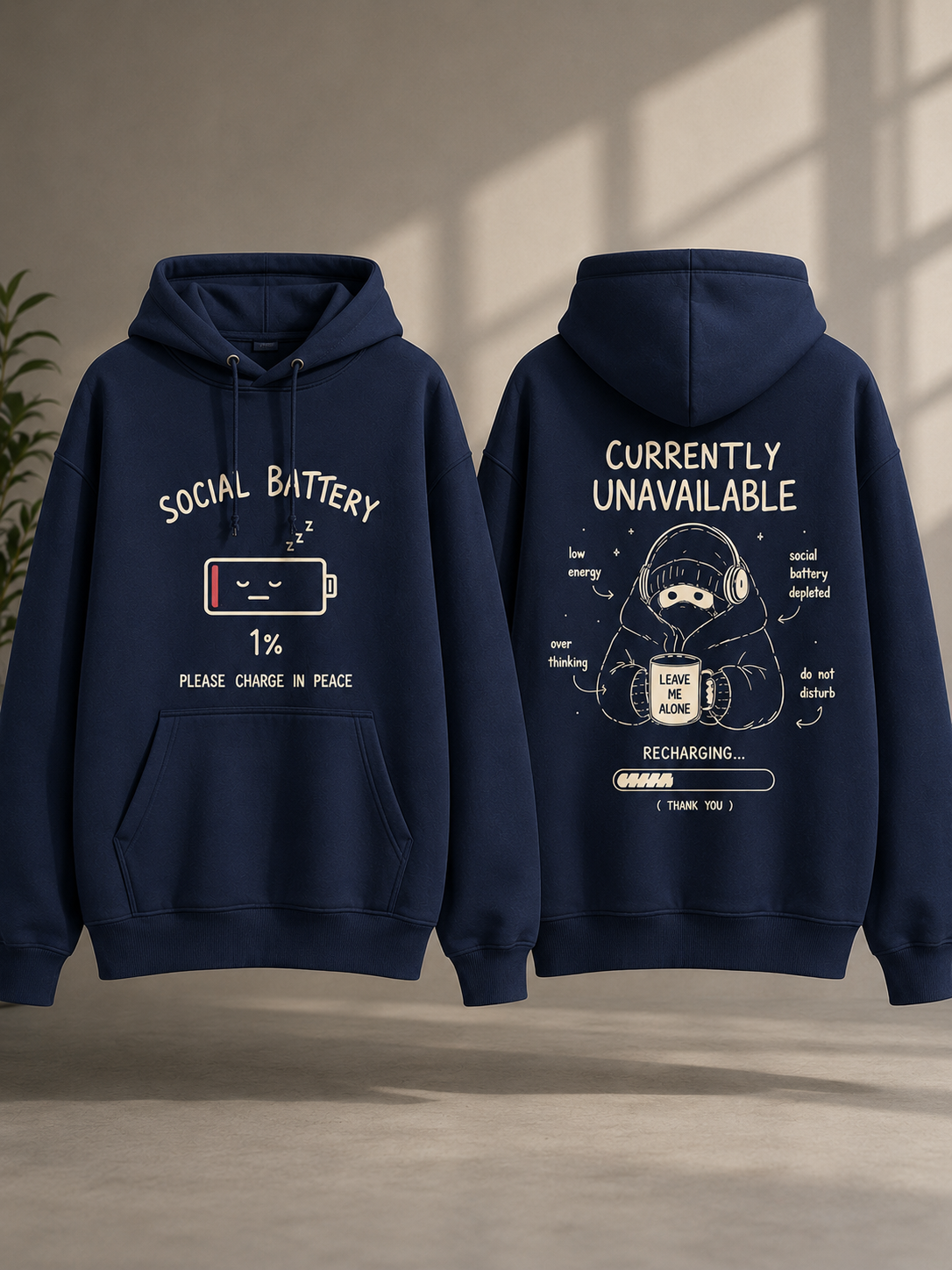 Social Battery 1% Hoodie — Oversized Graphic Pullover | Introvert Gift | "Currently Unavailable" Funny Hoodie