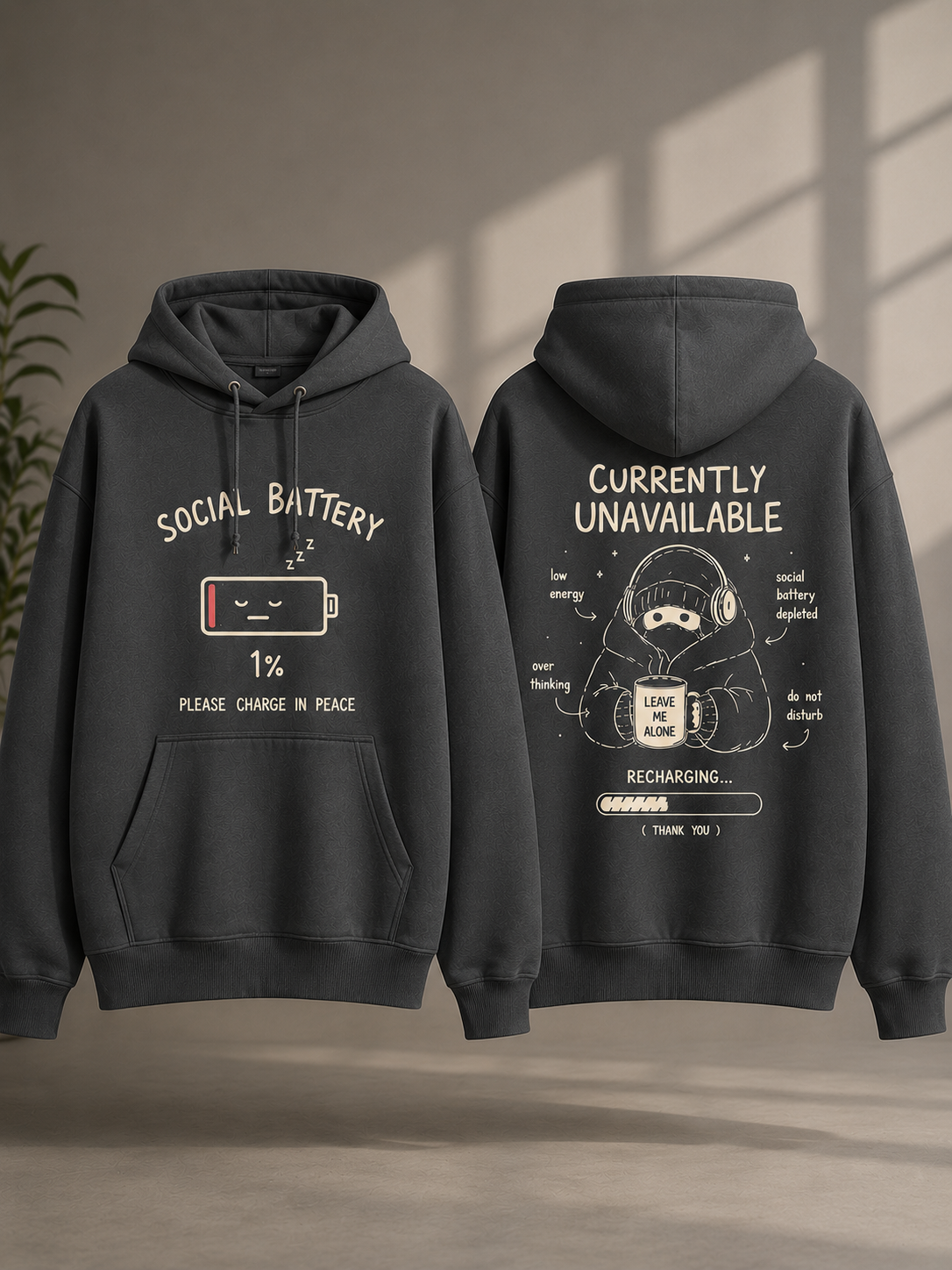 Social Battery 1% Hoodie — Oversized Graphic Pullover | Introvert Gift | "Currently Unavailable" Funny Hoodie