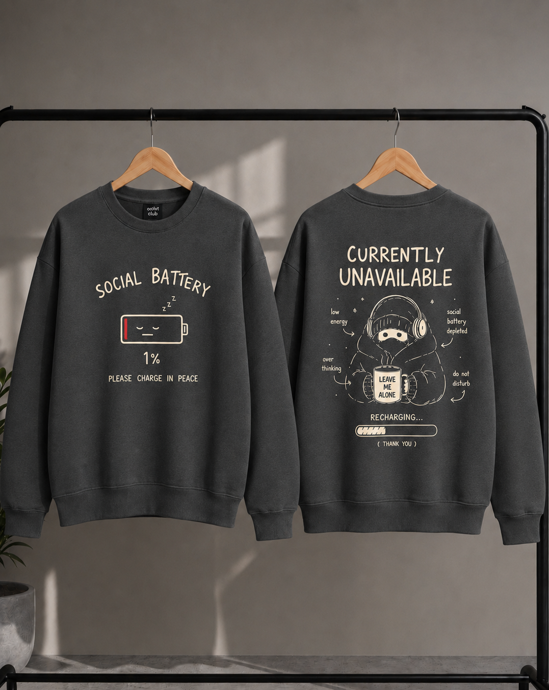 Social Battery 1% Sweatshirt — Oversized Crew Neck Graphic Pullover | Introvert Gift | Currently Unavailable Funny Sweatshirt