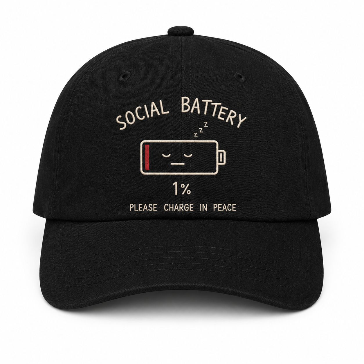 Social Battery 1% Dad Hat — Embroidered Baseball Cap | Introvert Gift | Please Charge in Peace Funny Hat