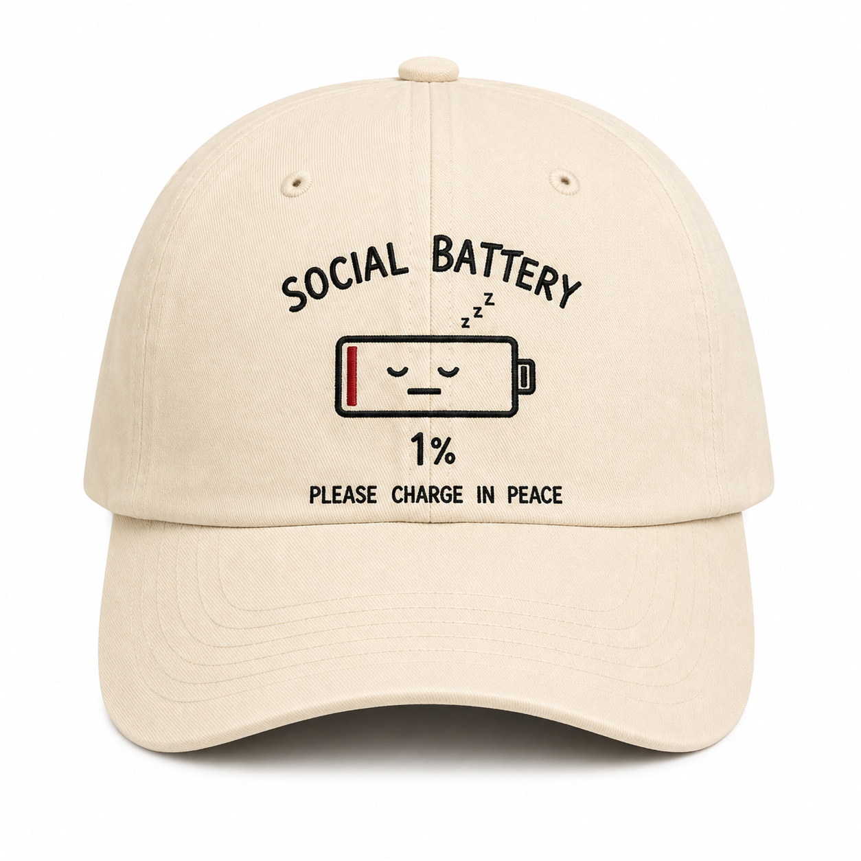 Social Battery 1% Dad Hat — Embroidered Baseball Cap | Introvert Gift | Please Charge in Peace Funny Hat