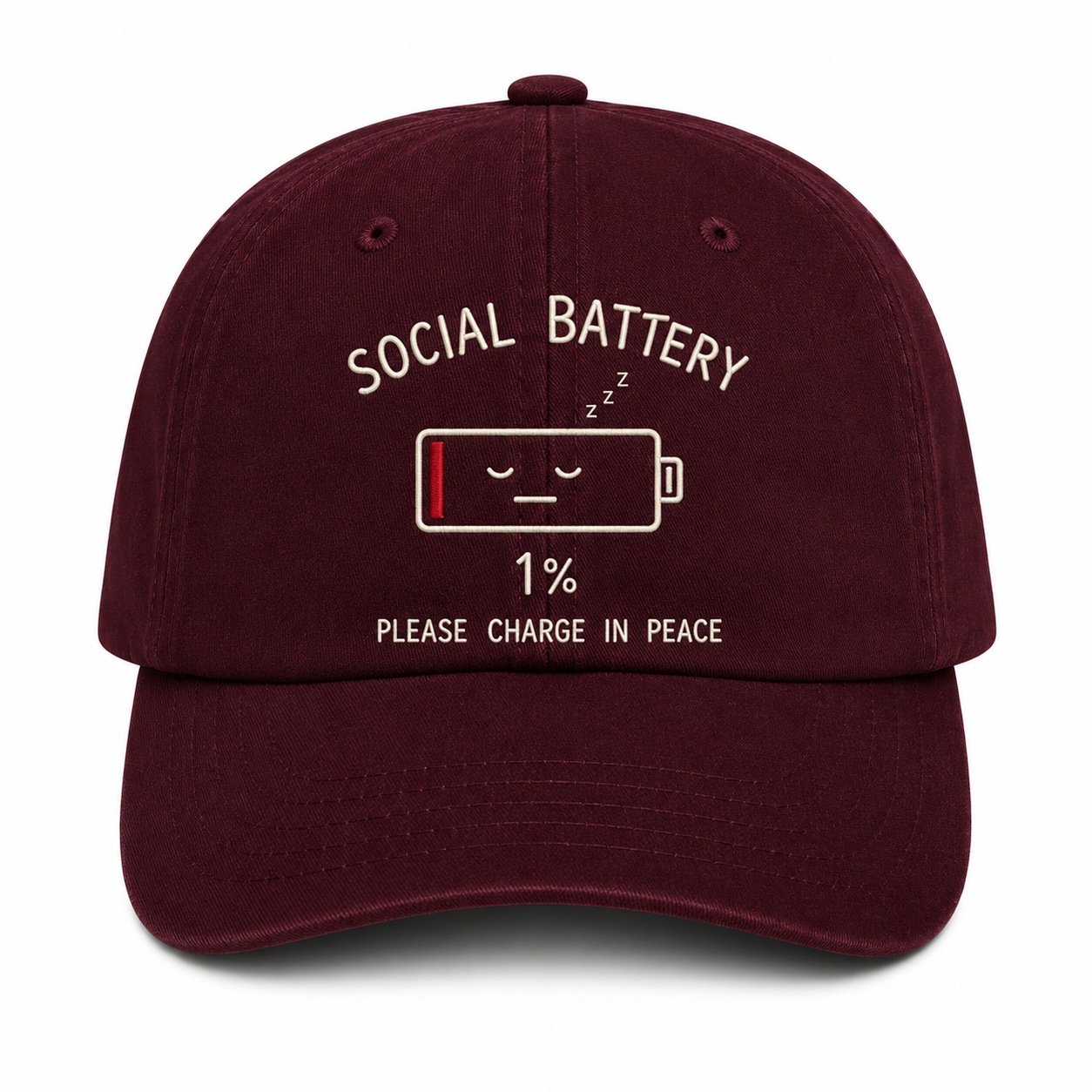Social Battery 1% Dad Hat — Embroidered Baseball Cap | Introvert Gift | Please Charge in Peace Funny Hat