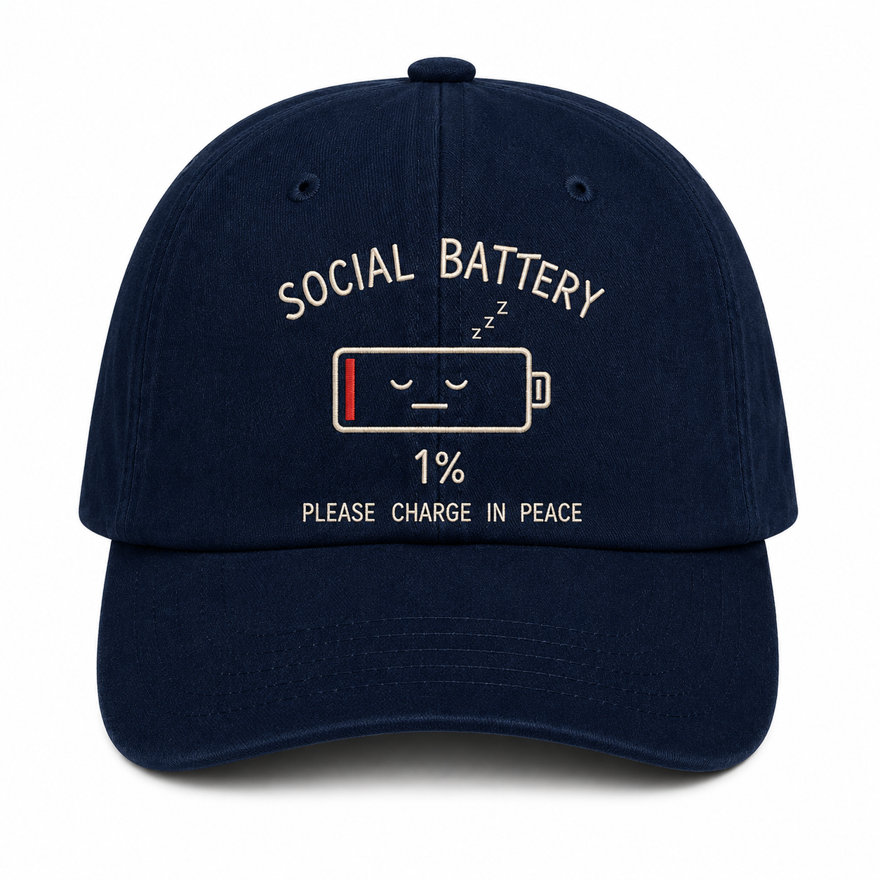 Social Battery 1% Dad Hat — Embroidered Baseball Cap | Introvert Gift | Please Charge in Peace Funny Hat