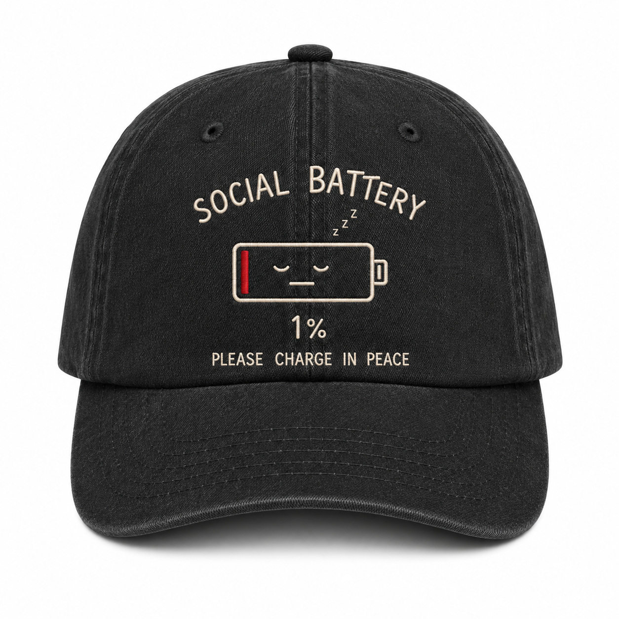 Social Battery 1% Dad Hat — Embroidered Baseball Cap | Introvert Gift | Please Charge in Peace Funny Hat
