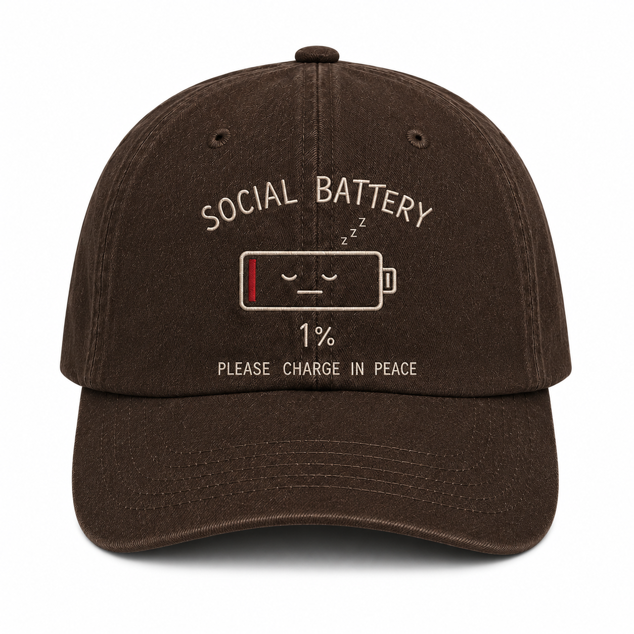Social Battery 1% Dad Hat — Embroidered Baseball Cap | Introvert Gift | Please Charge in Peace Funny Hat